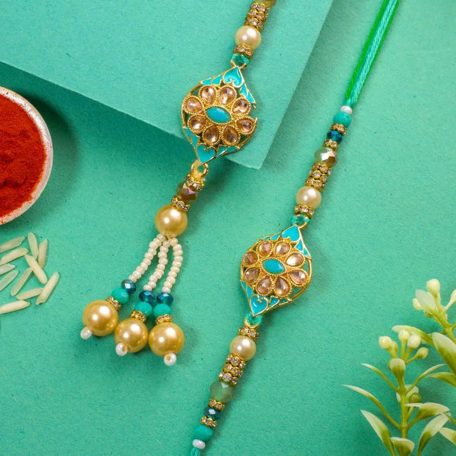 Delightful Kundan Bhaiya Bhabhi Rakhi Duo