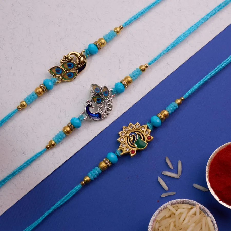 Peacock Charm Rakhi Trio