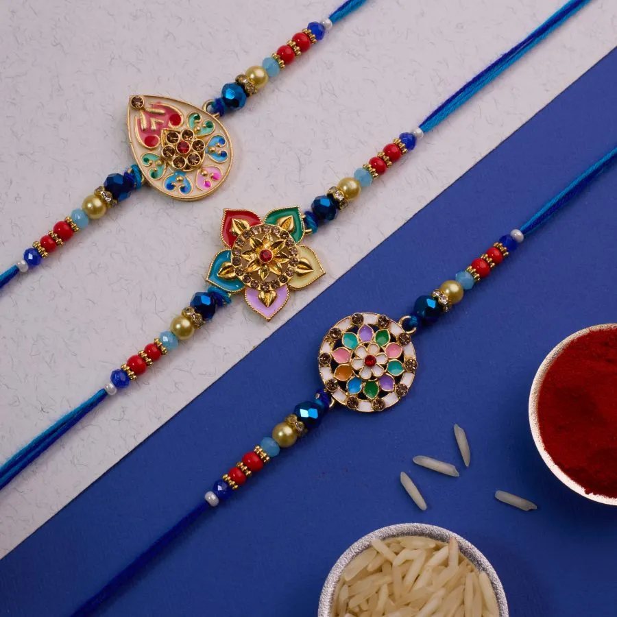 Charming Set of Three Kundan Rakhis