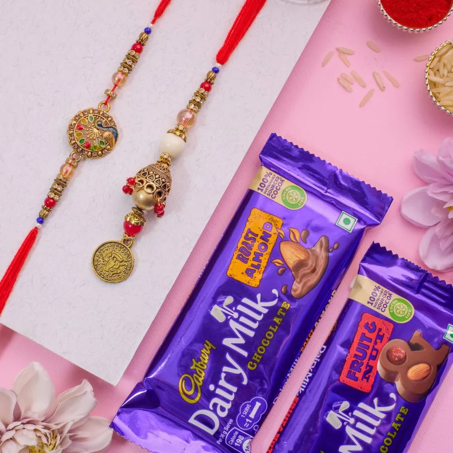 Elegant Kundan Bhaiya Bhabhi Rakhi & Chocolate Combo