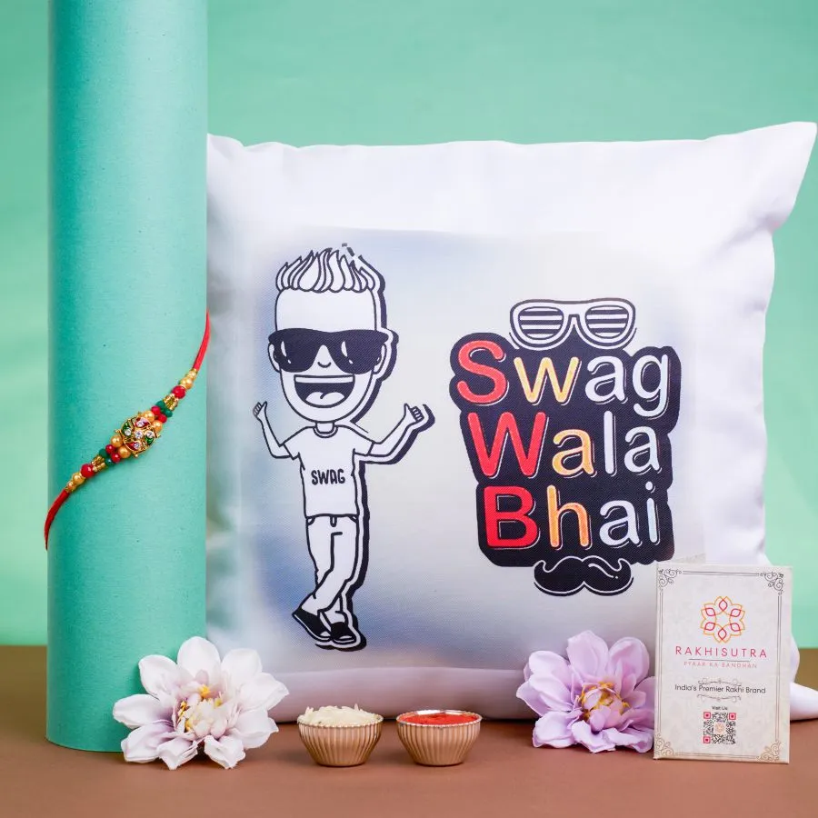 Charming Kundan Rakhi with Swag Cushion