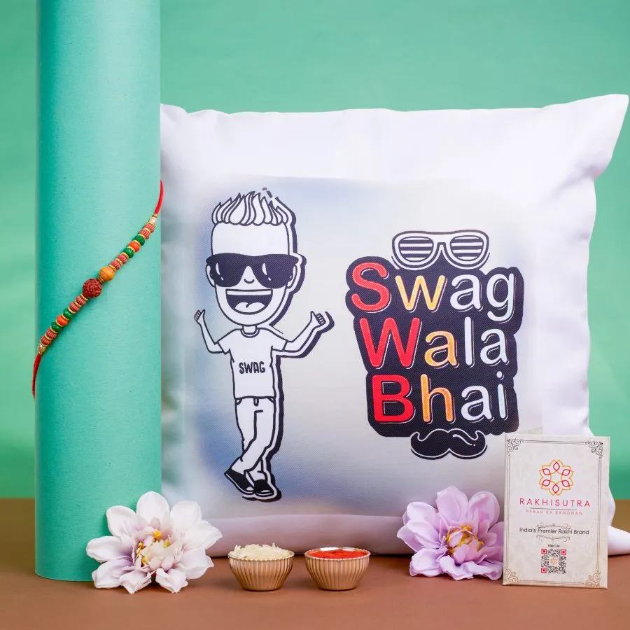 Sibling Love: Rudraksha Rakhi & Quirky Printed Cushion