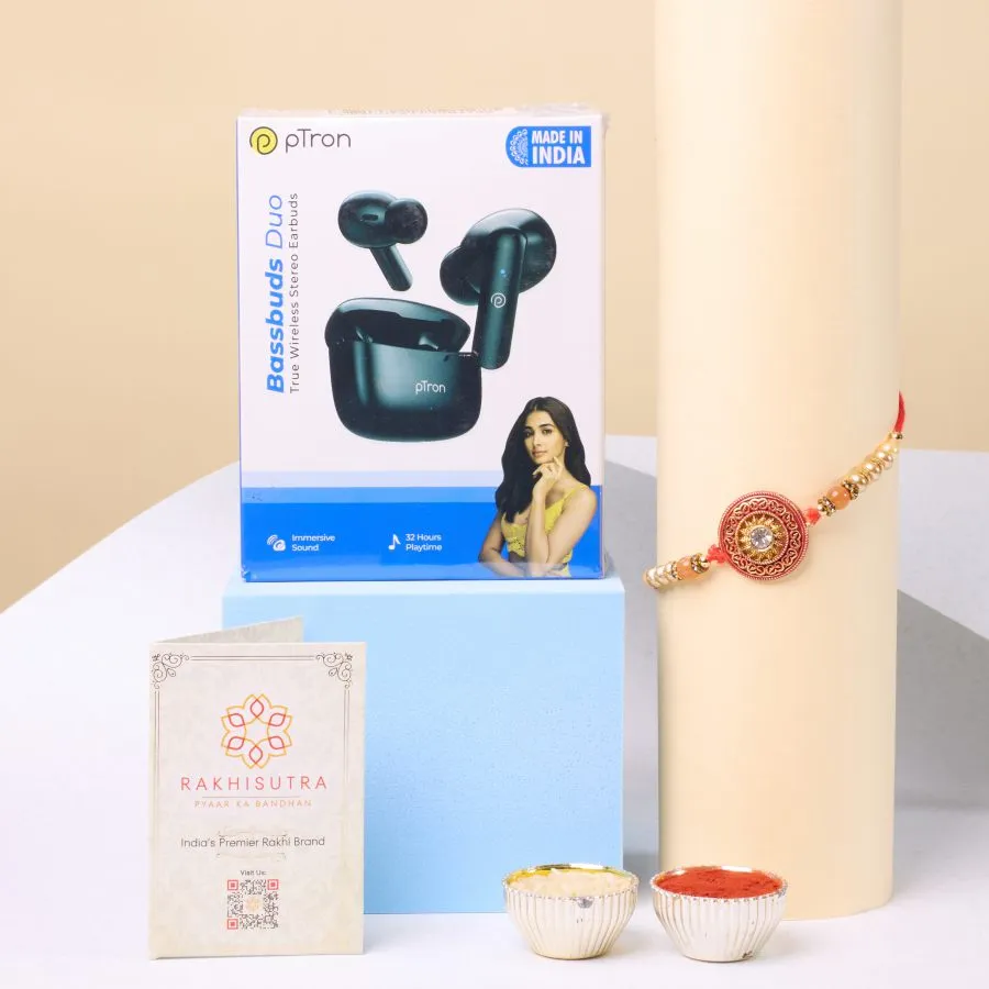 Kundan Rakhi With Ptron Bassbuds Duo