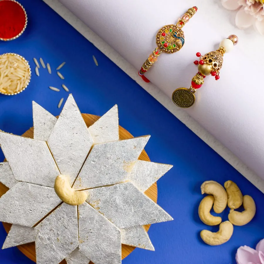 Elegant Kundan Rakhi Set with Kaju Katli