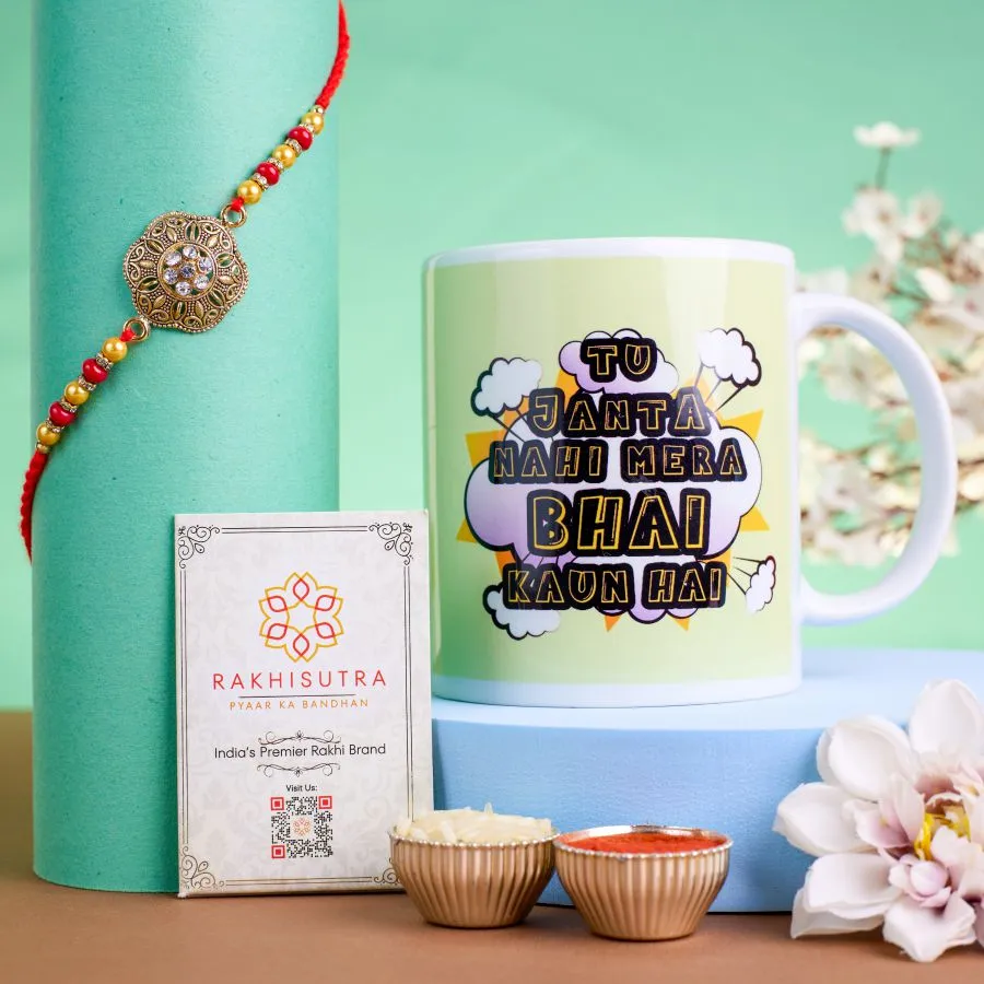 Kundan Rakhi with Cheerful Mug Set