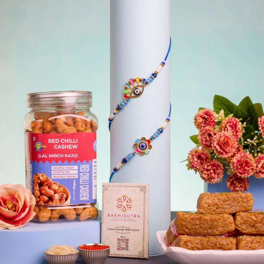 Designer Evil Eye Rakhi with Sweet N Spicy Treats