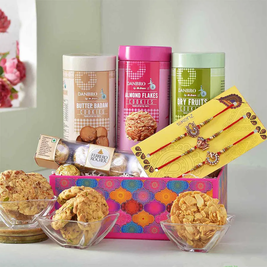 Deluxe Rakhi with Chocolates & Cookies Gift