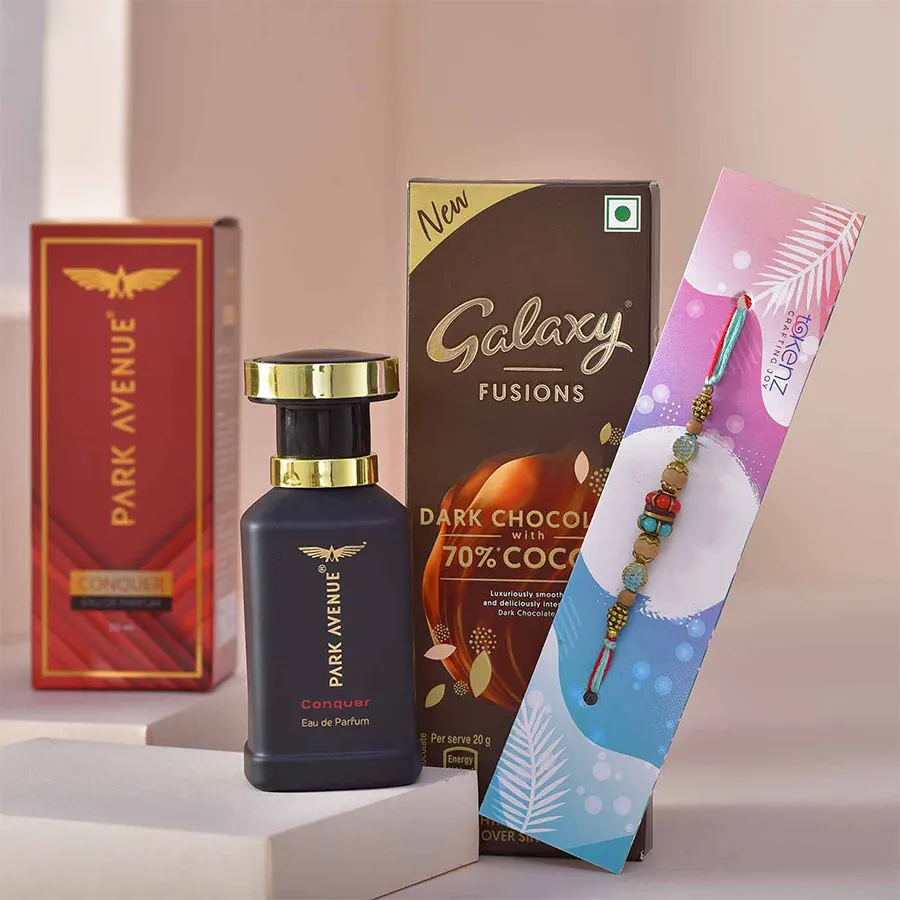Rakhi, Chocolate & Perfume Gift Combo