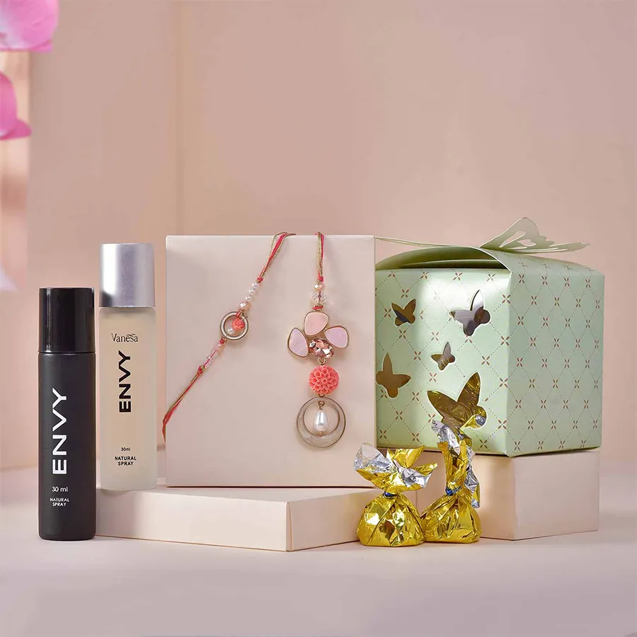 Couple Rakhi, Chocolate & Perfume Hamper