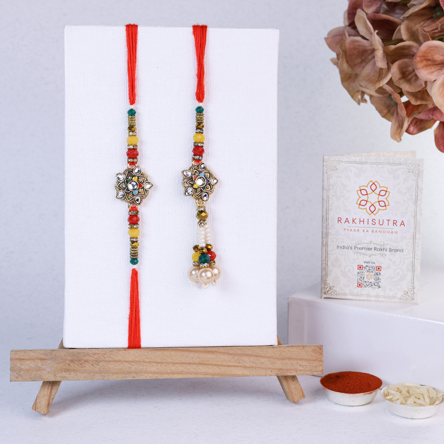 Kundan Bhaiya Bhabi Rakhi Set with Roli Tika and Message Card