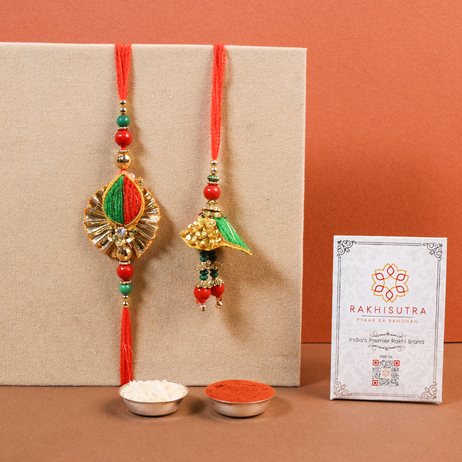 Elegant Bhaiya Bhabi Rakhi set with Roli Tika and message card.