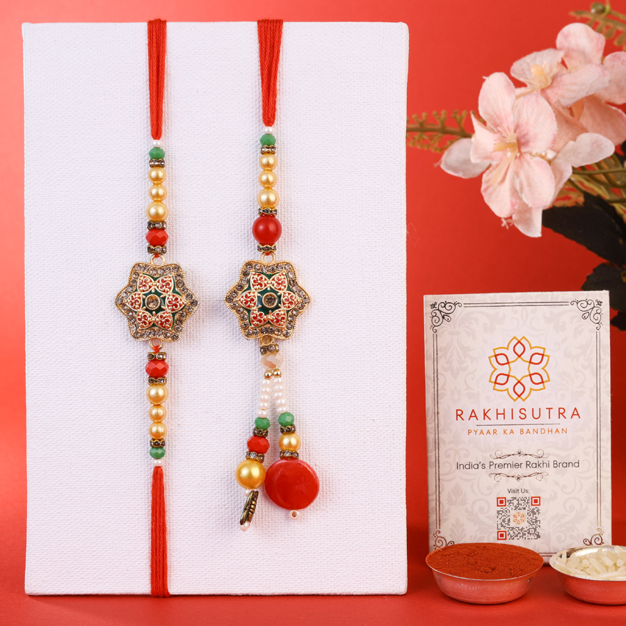 Graceful Bhai Bhabi Rakhi Set with Roli Tika and Message Card