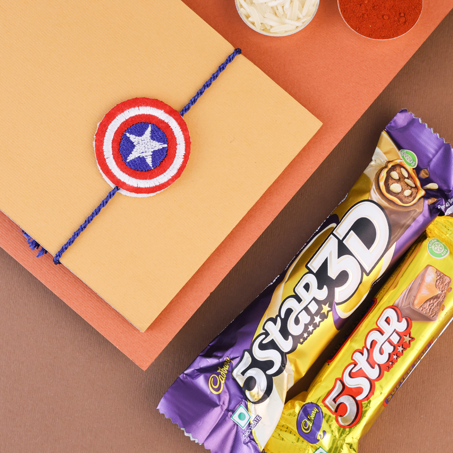 Superhero Rakhi Treat Box with Captain America Rakhi and chocolates