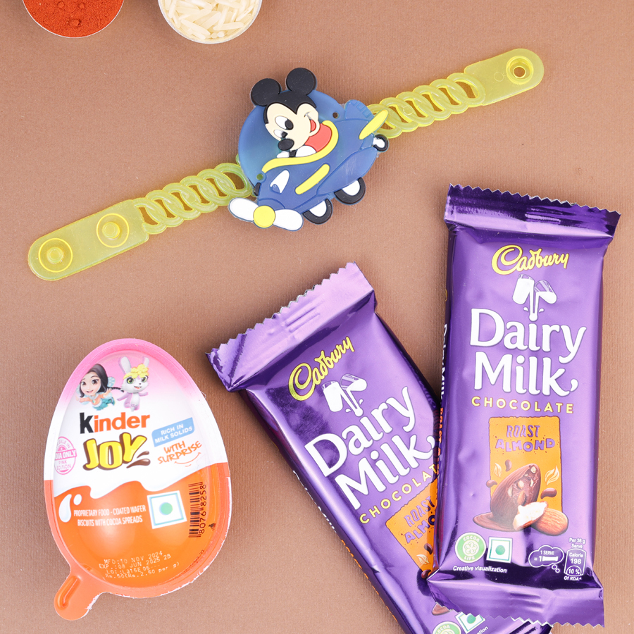 Mickey Mouse Rakhi with chocolates and traditional items