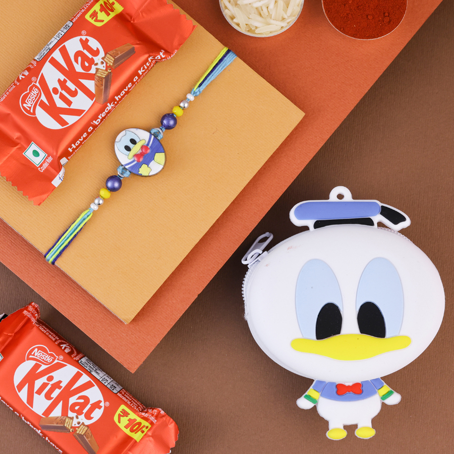 Donald Duck Rakhi Treat Set with chocolates and pouch