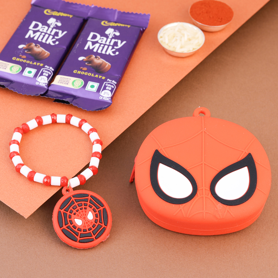 Spiderman Rakhi gift set with chocolates and traditional items