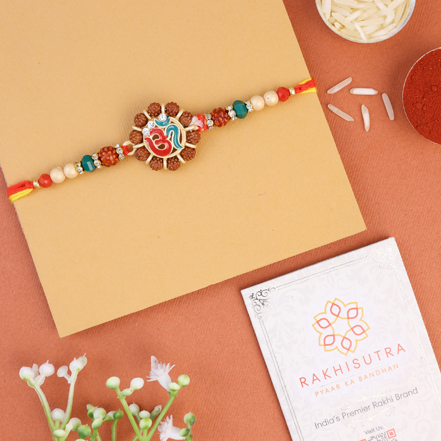 Om Rudraksh Rakhi set with Roli Tika and message card