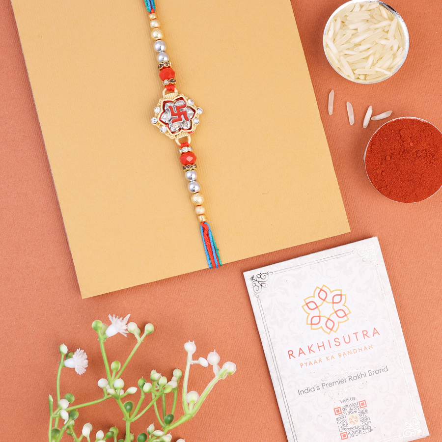 Elegant Kundan Swastik Rakhi gift set for Raksha Bandhan.