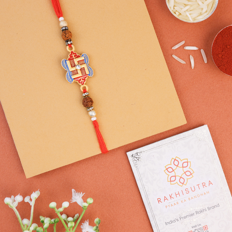 Swastik Rakhi gift set with roli tika and message card.
