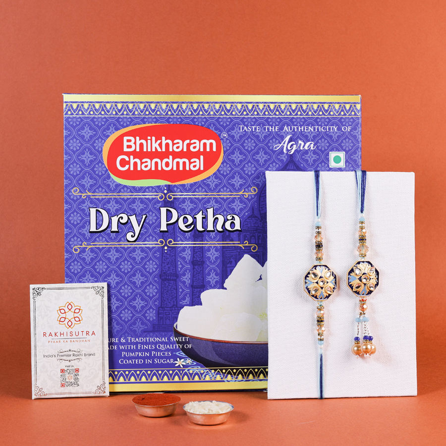 Elegant Bhaiya Bhabi Rakhi gift set with petha and traditional items