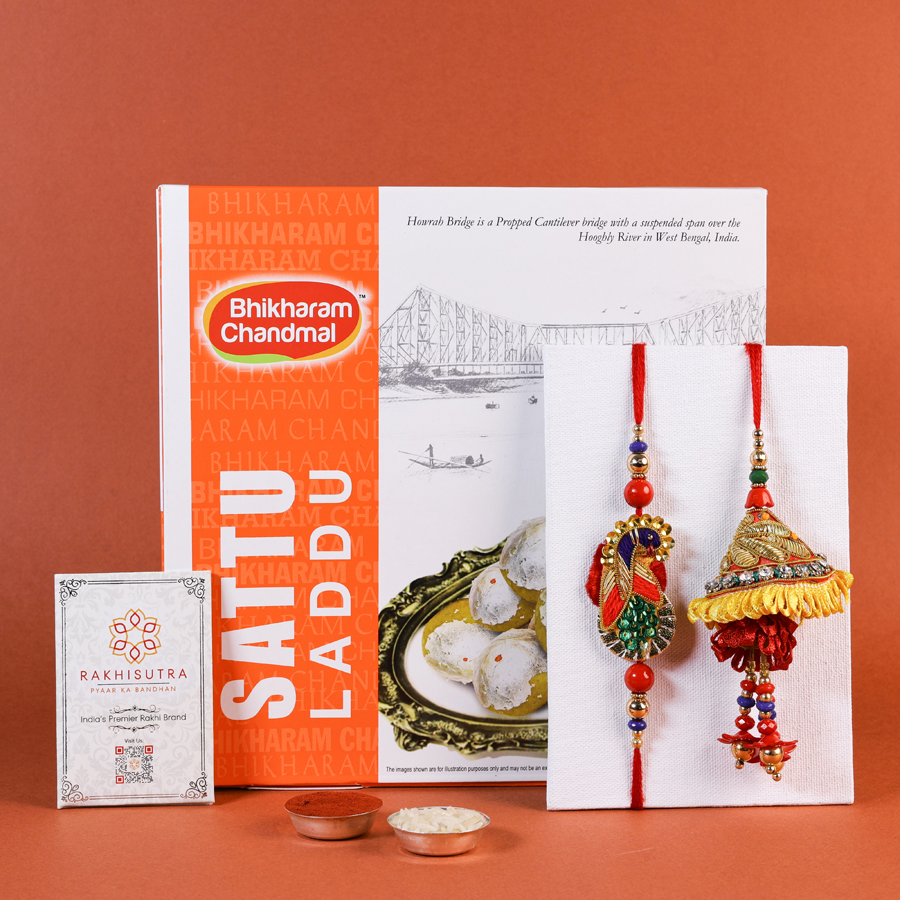 Traditional Bhaiya Bhabi hamper with sweets and Rakhis.