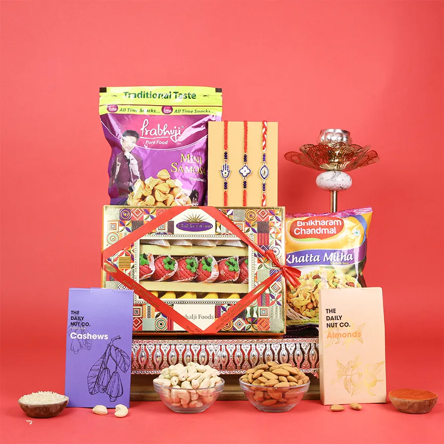 Evil Eye Rakhi Festivity Set with sweets and nuts