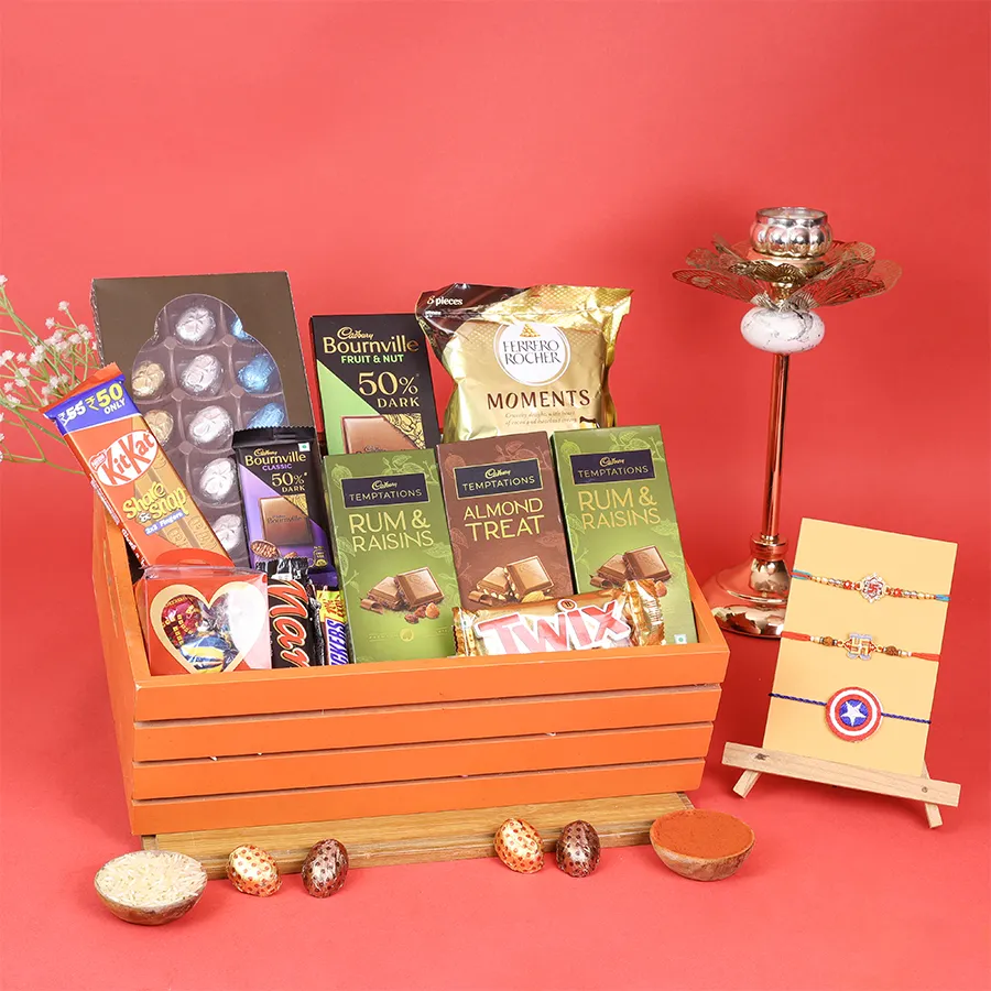 Wonderful Swastik Rakhi Chocolate Hamper featuring Rakhis and assorted chocolates