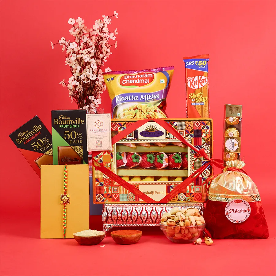 Sweet and savory Rakhi gift box with assorted treats
