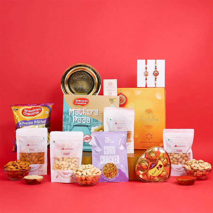 Traditional Rakhi and treats gift box for Raksha Bandhan.
