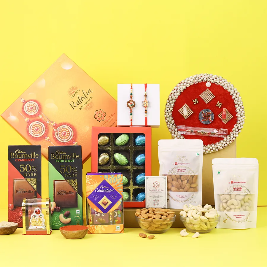 Elegant Rakhi hamper with homemade chocolates and spiritual items.