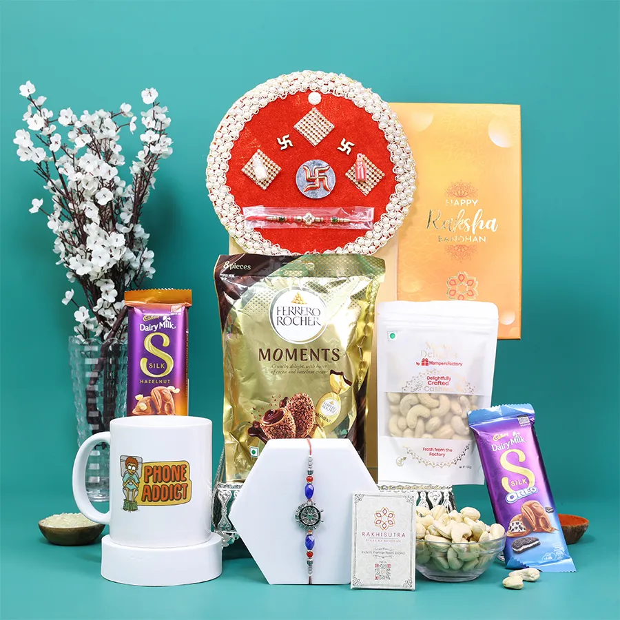 Quirky Rakhi gift box with chocolates and a fun mug