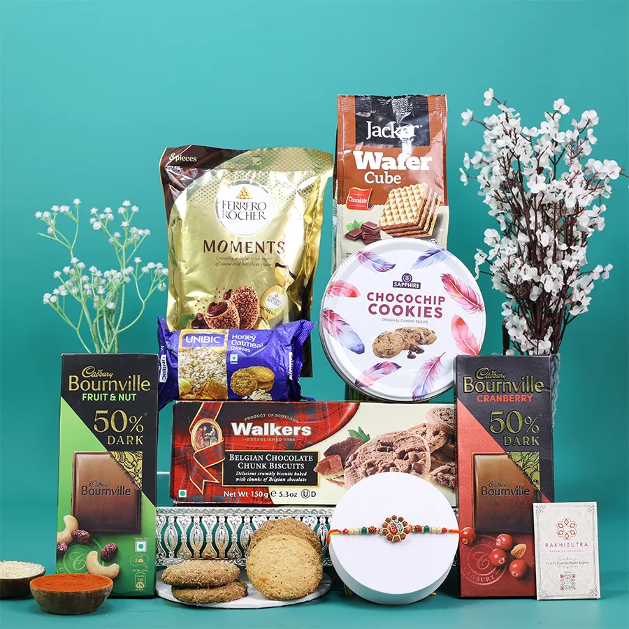 Premium OM Rakhi Gift Box with gourmet treats and message card