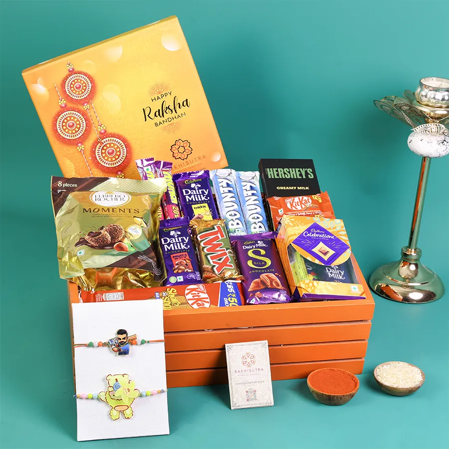 Kids Virat Kohli Rakhi and chocolate gift box for Raksha Bandhan.