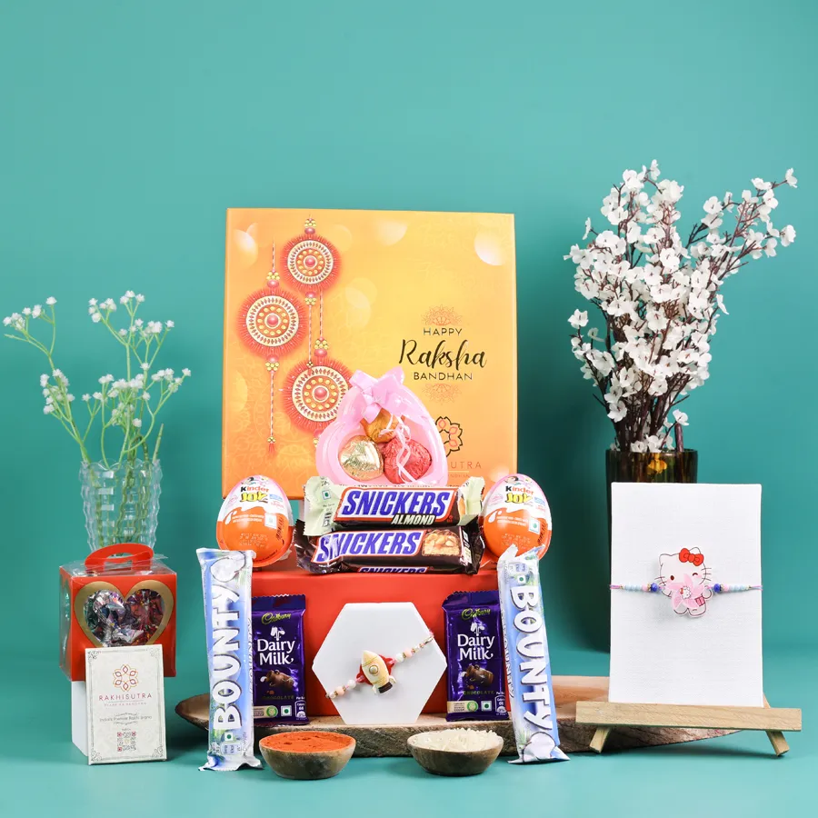 Cheerful Rakhi and treat explosion box filled with chocolates.