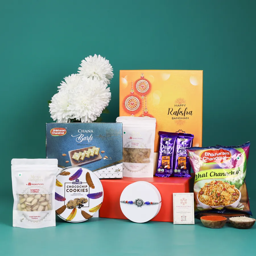 Festive rakhi with assorted sweet and savory treats